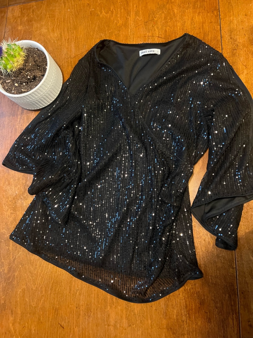 Grace Karin Black Sequin Wrap-Style Top